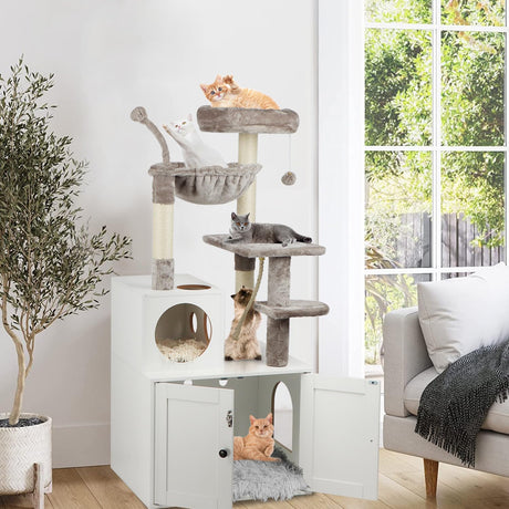 Timberer Cat Tree with Litter Box Enclosure, 2-in-1 Cat Tower for Indoor Cats, Large Cat Furniture, Wood Cat Condo with Basket, Scratching Posts, Pompoms, White Timberer