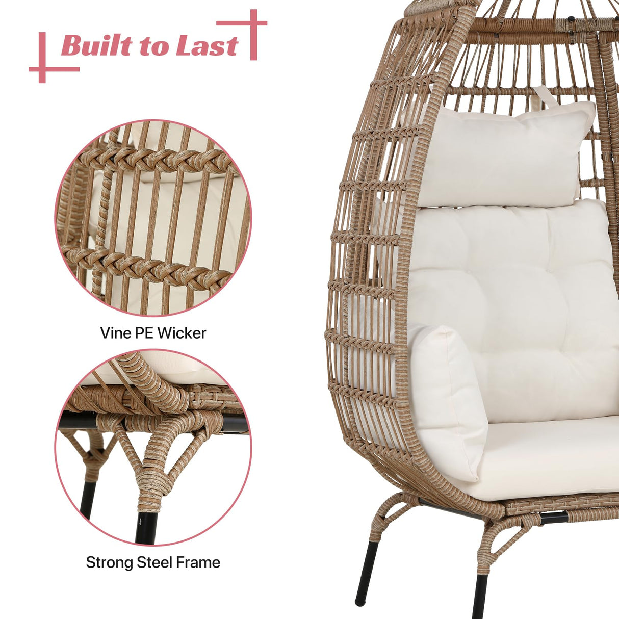 Dkelincs Wicker Egg Chair Indoor Outdoor Lounge Chair Patio Reading Chair Oversized Rattan Egg Chair for Patio, Backyard, Garden, Living Room w/ 4 Cushions Steel Frame, 352lb Capacity(White) Dkelincs