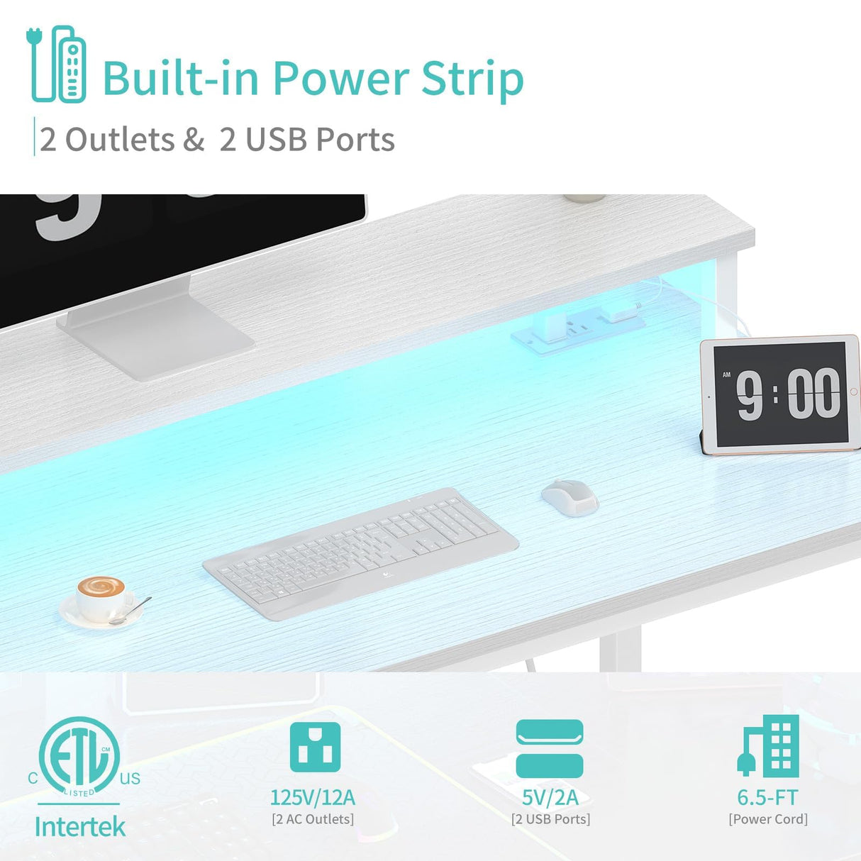 Lufeiya White Computer Desk with LED Lights and Power Outlets, 40 Inch Home Office Desks with Monitor Stand, Teen Writing Study Table Gaming Desk with Charging Station, White Lufeiya