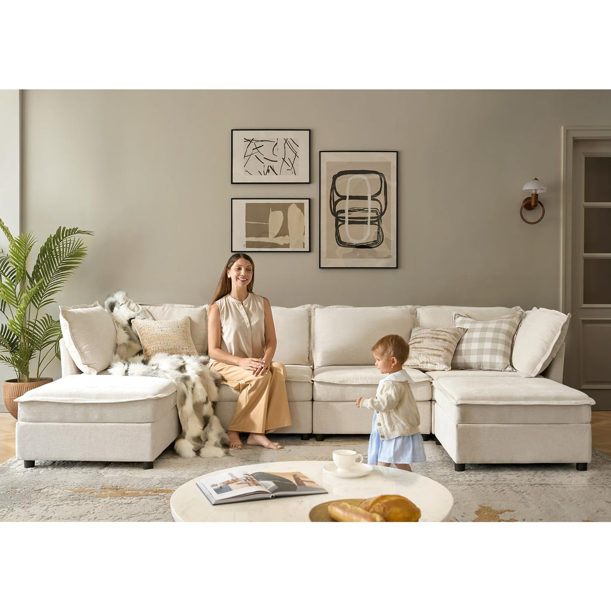 HULALA HOME 127'' Modular Sectional Sofa, Oversized U Shaped Couch with Storage Ottoman, Extra Deep Seat, Modern Comfy Chenille Sofa with Chaise, 6 Seat Convertible Couches for Living Room, Biege HULALA HOME