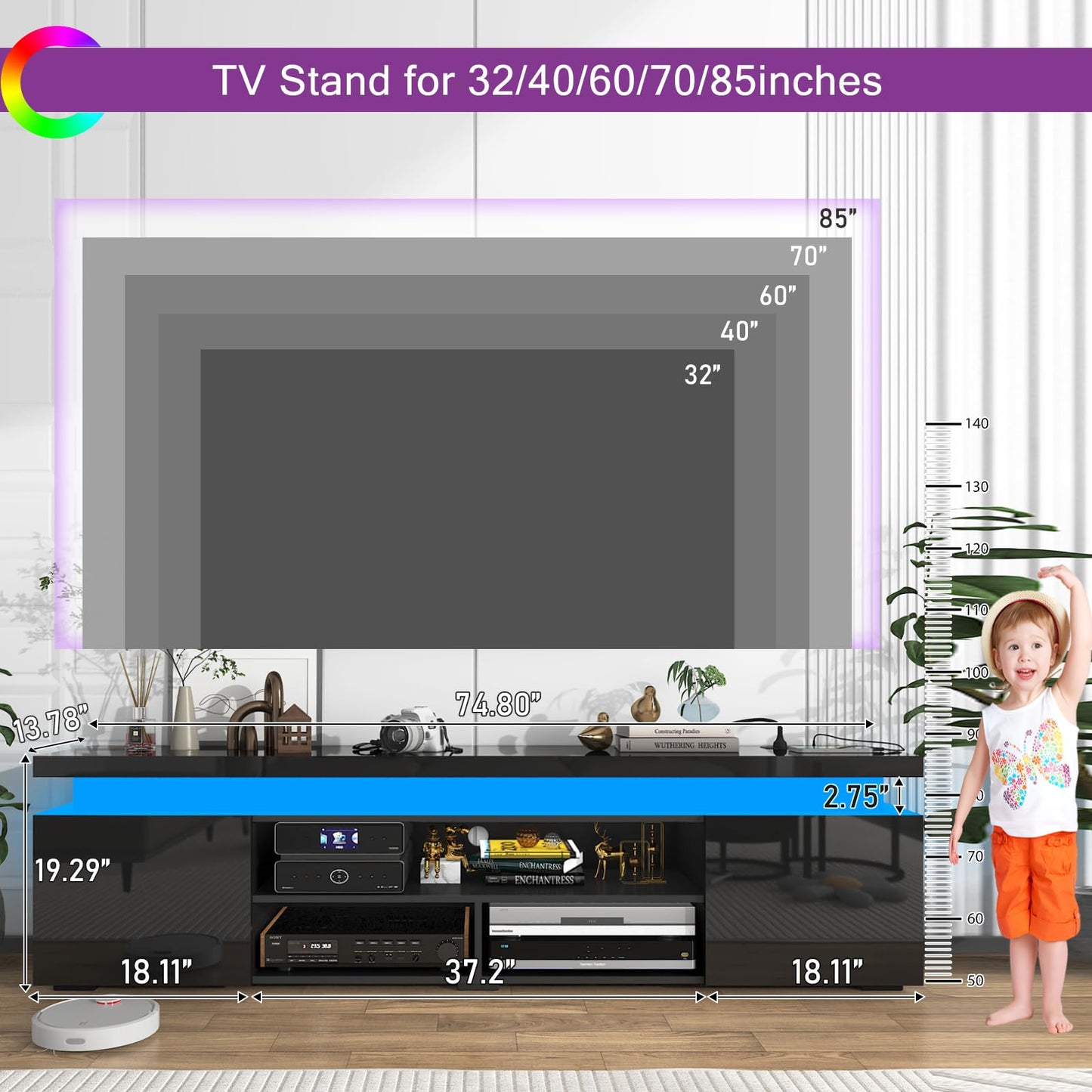 LED TV Stand for 85 Inch TV, Modern Gaming TV Stand with Power Outlet, High Gloss TV Console Entertainment Center with Storage for Living Room, Bedroom (74 Inch, Black)