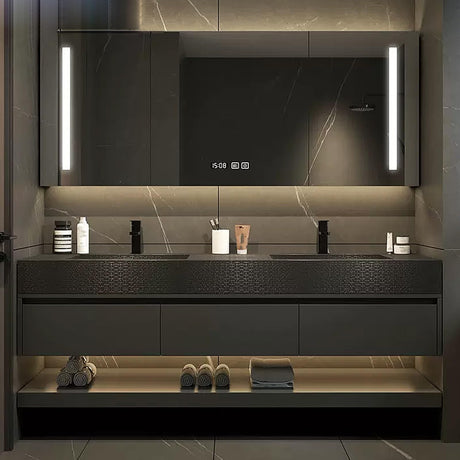 TIZAZO Double Floating Vanity Cabinet Sink - LED Defogging Smart Mirror Cabinet | Wall - Mounted Wood Vanity with Open Shelf & 3 Drawers (50'') TIZAZO