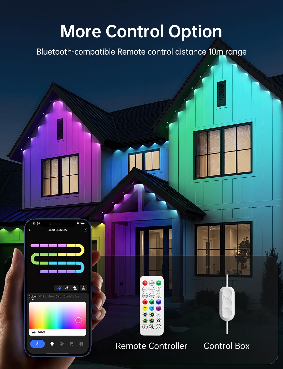 lemonlovely Permanent Outdoor Lights Pro, 100ft with 50 IC+RGBCW LED Smart Eaves Lights, Dual Lens, IP67 Waterproof Halloween Christmas Lighting for Daily and Holiday Decorations, DIY Scene Mode lemonlovely