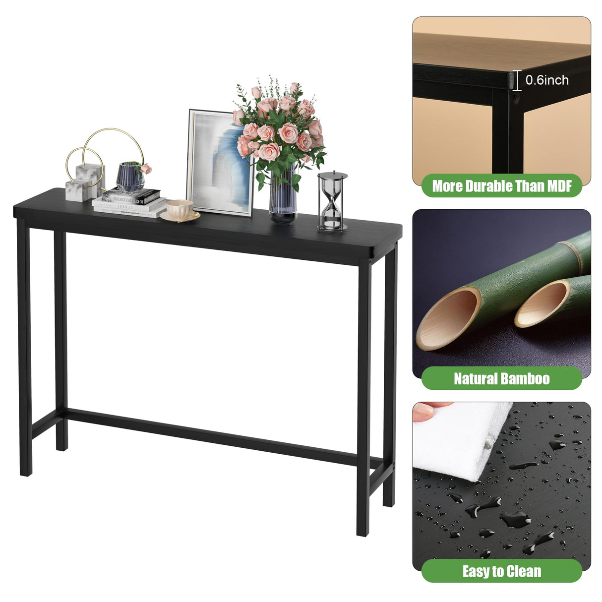 VASMIA Console Table, Entryway Table, Narrow Sofa Table, 39" Bamboo Hallway Table for Entryway, Living room, Bedroom, Foyer, Black VASMIA