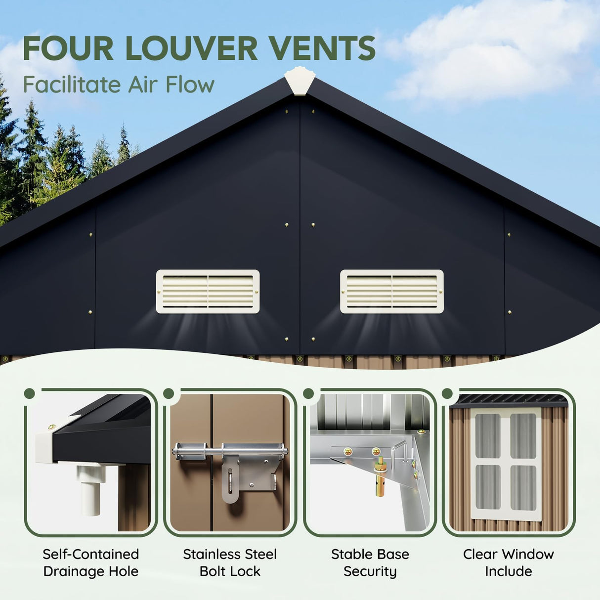 Grovellis Update 8x10 FT Outdoor Metal Storage Shed, Single Door, 1 Clear Window, Tool Shed for Garden, Patio, Backyard Brown Grovellis