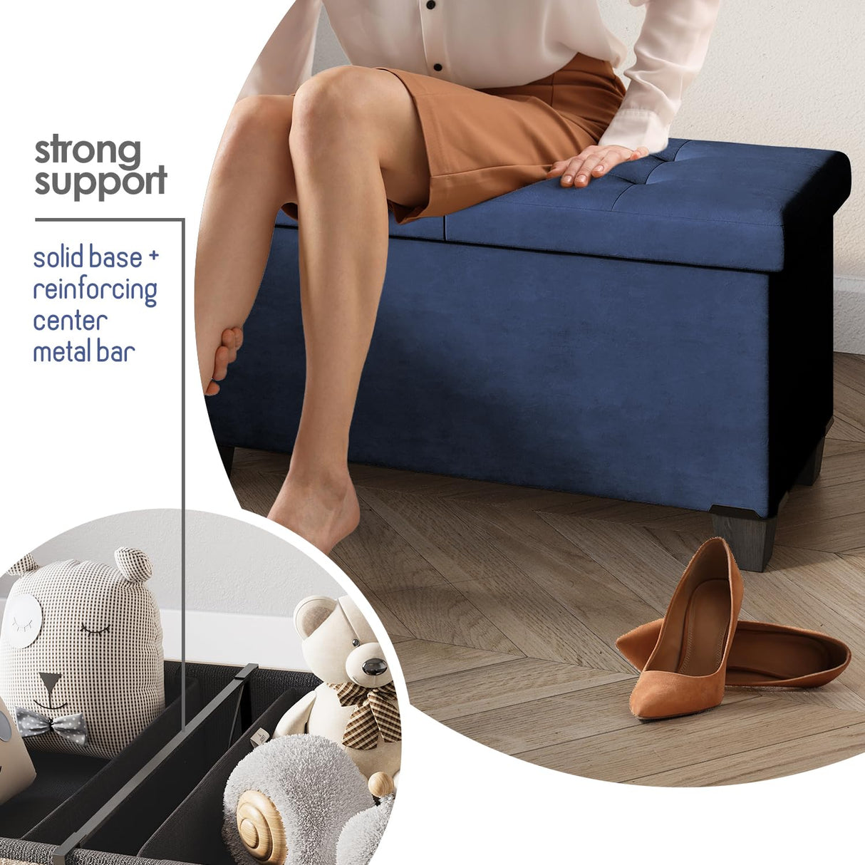 STORAGEBUD Storage Ottoman Bench with Bins, 43-in Storage Bench for Bedroom End of Bed, Folding Foot Rest Ottoman for Living Room Max 660lbs, Velvet Ottomans, Blue STORAGEBUD