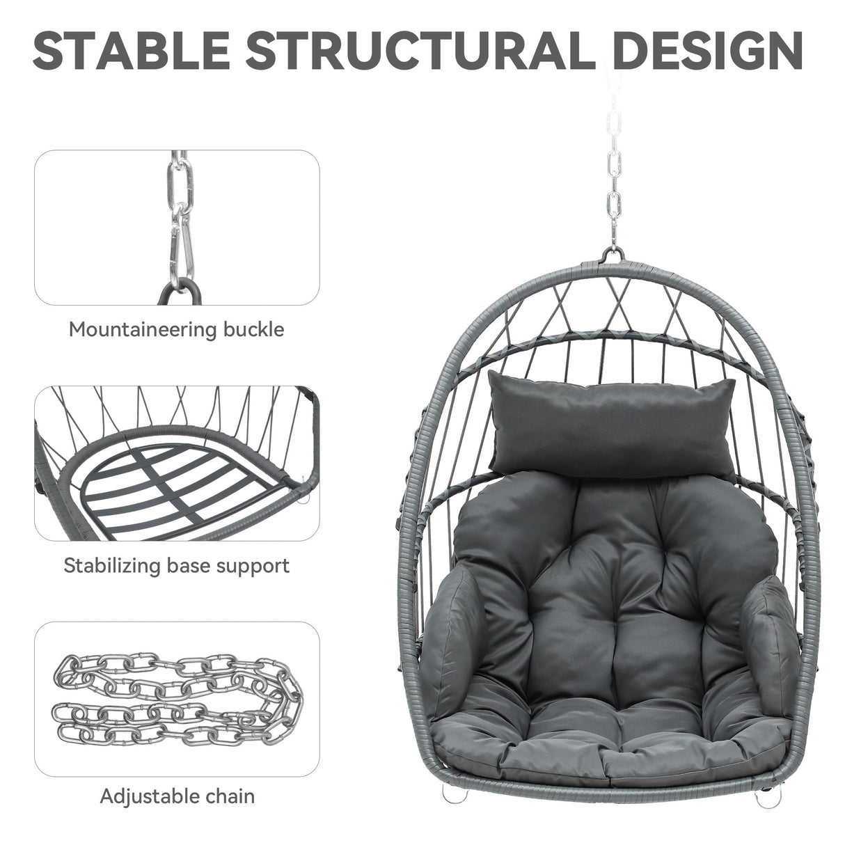 YITAHOME Hanging Egg Chair, Patio Wicker Hammock Egg Chair Basket Swing with Cushion, Outdoor 330lbs Rattan Outdoor Swing for Balcony Garden Bedroom, Gray (Stand not Included) YITAHOME