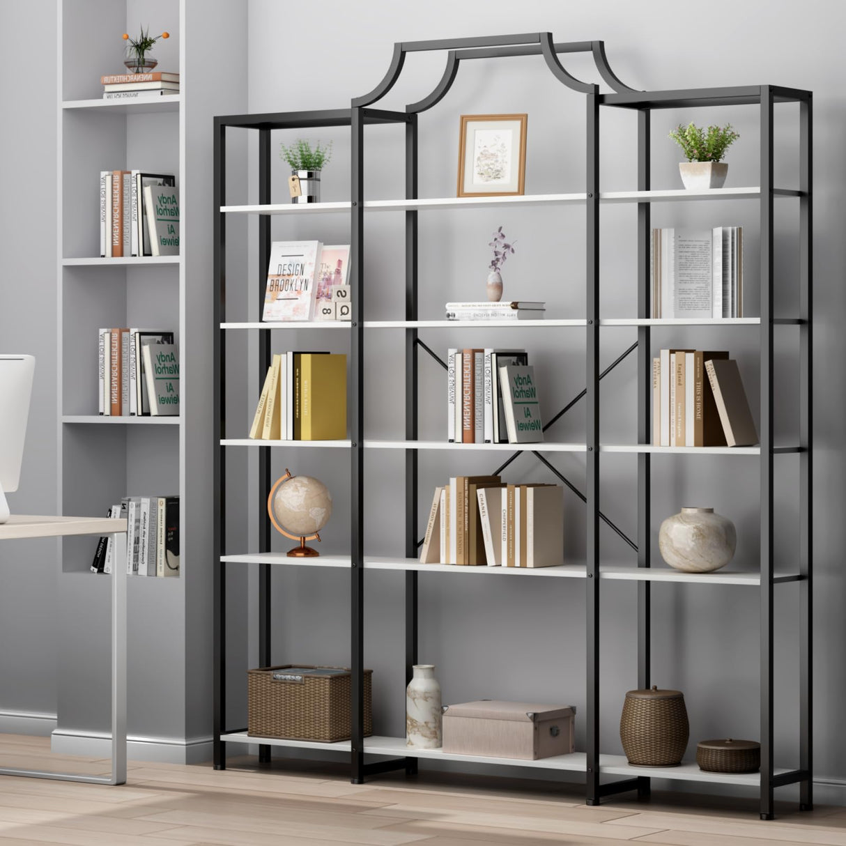 Auromie Triple Wide 5-Tier Bookshelf, 70.87" L x 79.13" H Extra Large Bookcase, Tall Open Etagere Display Shelf with Metal Frame, Freestanding Modern Storage Shelves for Home Office, Black&White Auromie
