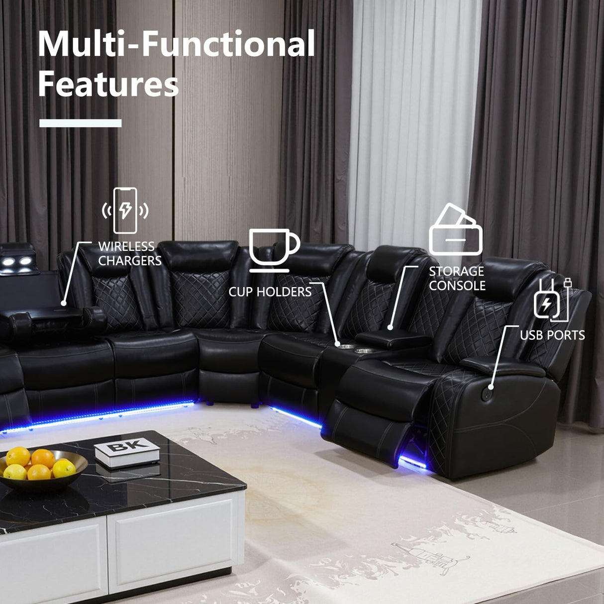 GEBADOL Power Recliner Sectional Sofa with LED, Black Leather Reclining Sectional Couch, Air Leather Sofa Couch with USB Port&Cup Holder for Living Room/Apartment/Office GEBADOL