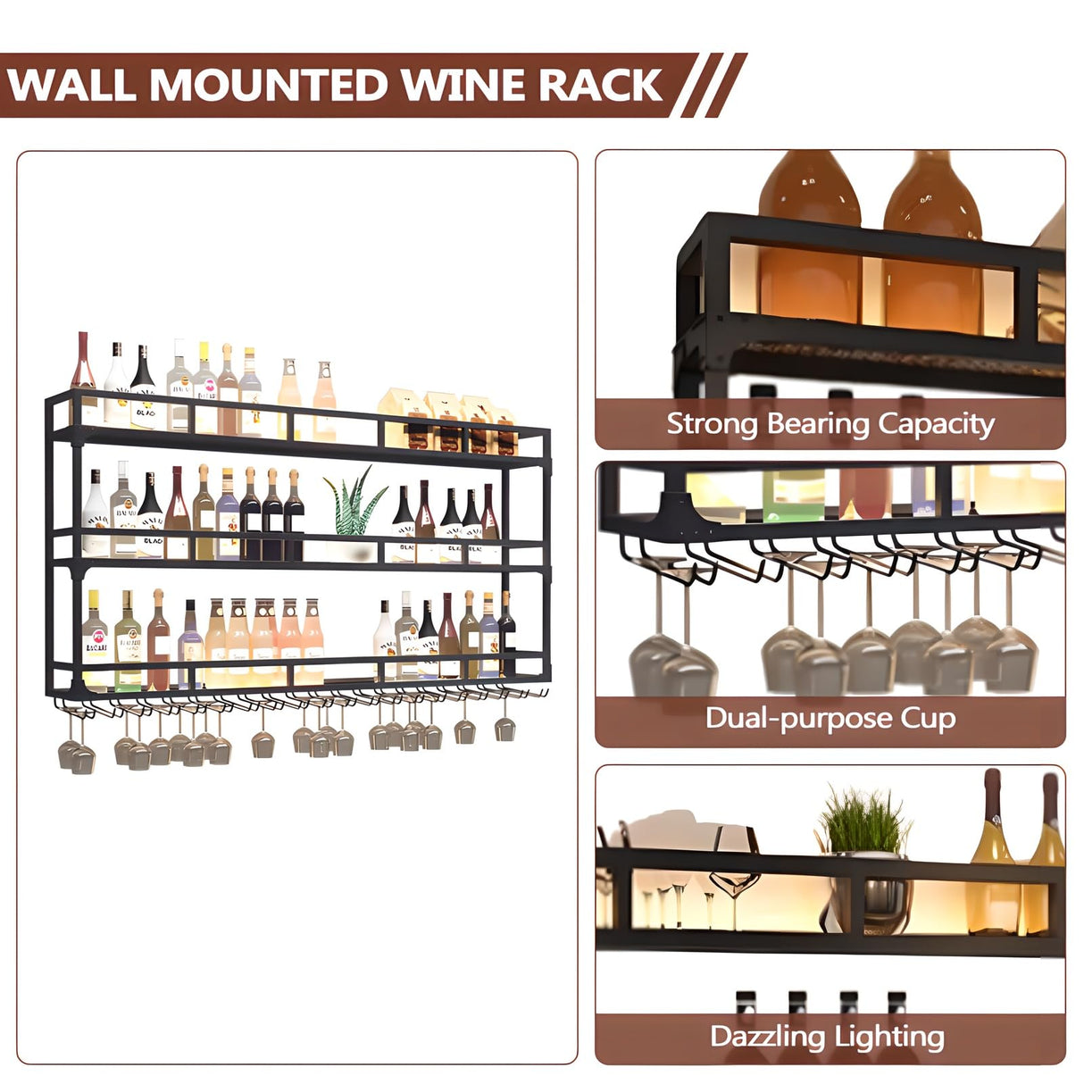 Wall Mounted Wine Rack, 3 Tier Wine Glass Holder with LED Light, Large Wall Mounted Shelves with Hanging Wine Racks Bottle Display Shelf, for Home Bar Cafe Restaurant (39.4 * 9.8 * 35.4 inch) Generic