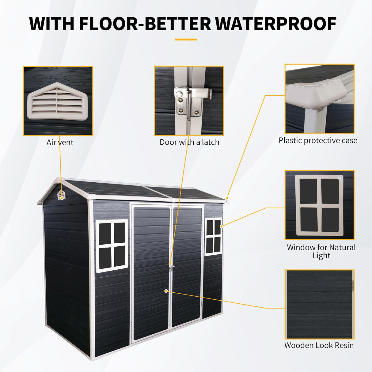 8 x 4 FT Outdoor Storage Shed, Outdoor Resin Shed with Two-Window and Double-Door, Plastic Shed with Floor for Gargen, Patio, Yard, Lawn (Black) Star20XX