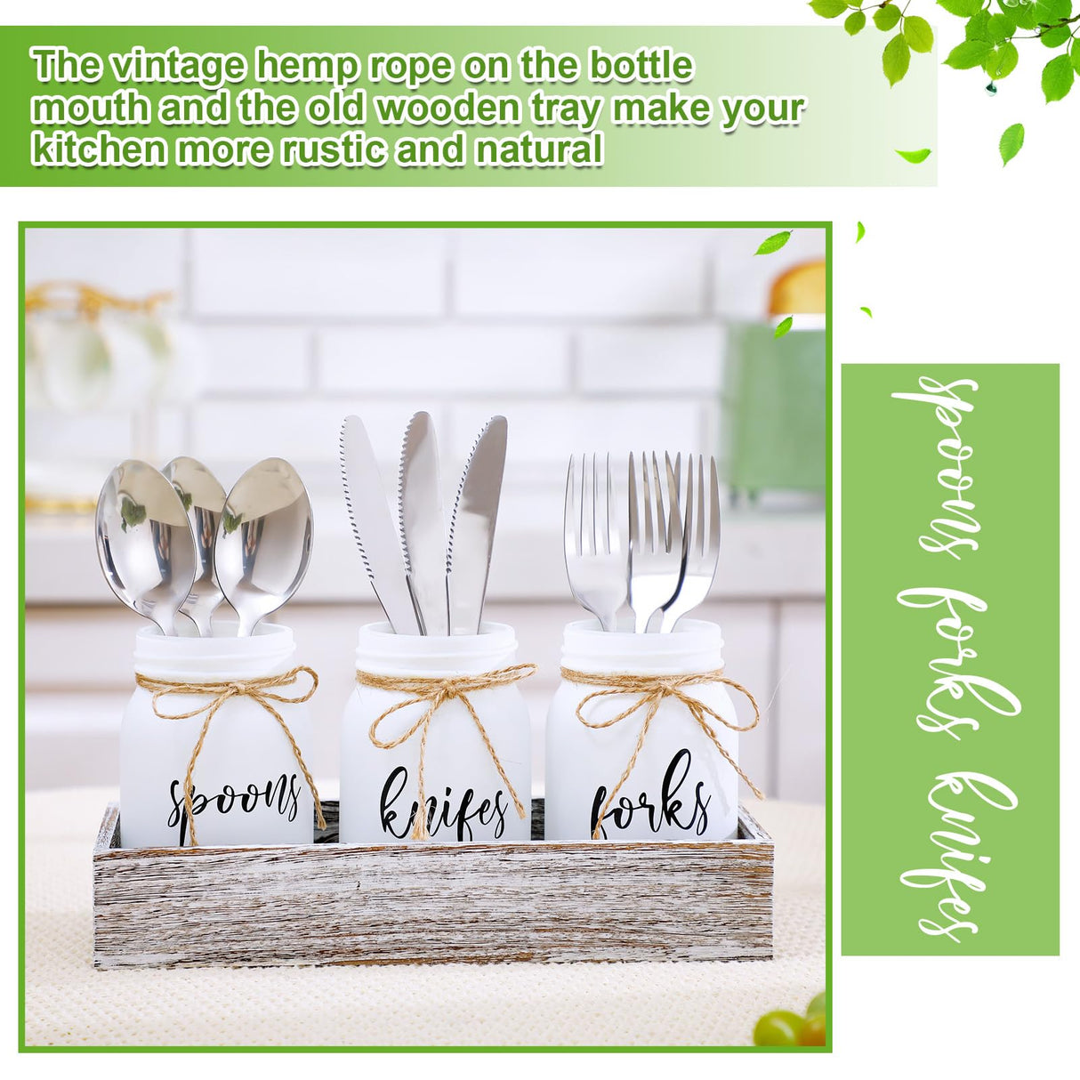 Tiangrid 4 Pcs Silverware Utensil Holder Mason Jar with Wooden Utensil Organizer for Kitchen Countertop Forks Spoons Knives Storage White Farmhouse Kitchen Caddy Glass Cooking Decor for Party Tiangrid