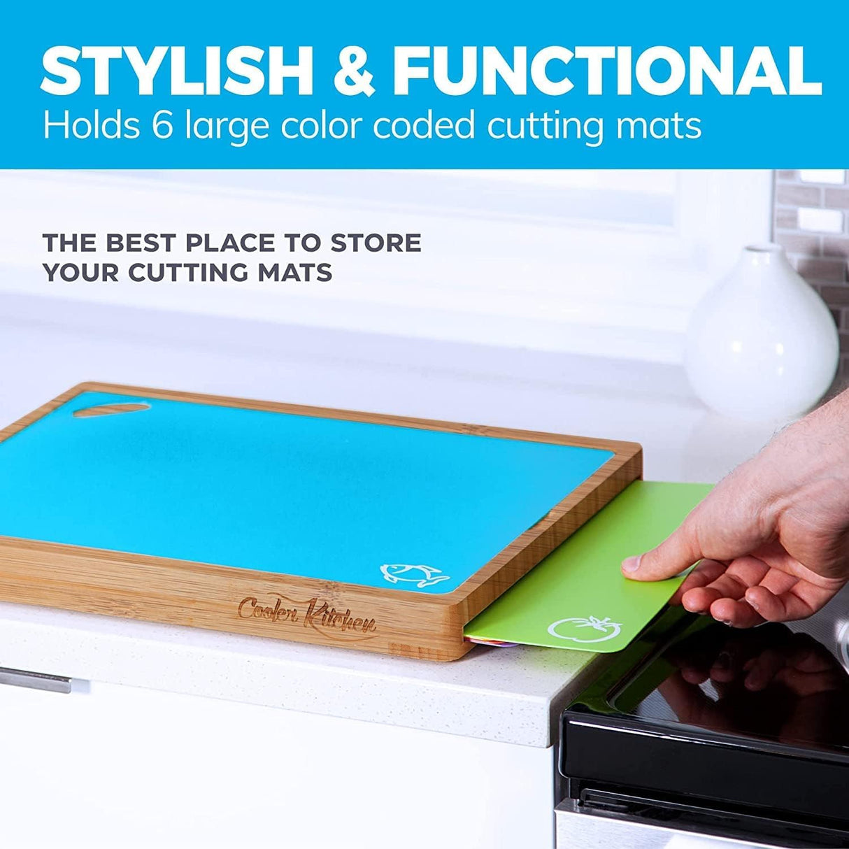 Bamboo Wood Cutting Board Set, Bamboo with 6 Color Coded Flexible Plastic Chopping Mats with Food Icons, Wooden Cutting Boards For Kitchen, Wooden Chopping Board Set Non Toxic Dishwasher Safe Cooler Kitchen