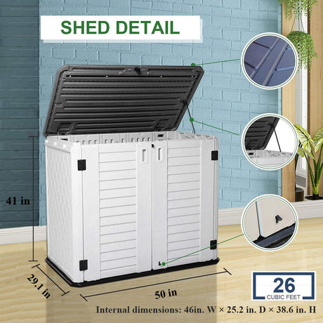 KINYING Outdoor Storage Shed - Horizontal Storage Box Waterproof for Garden, Patios, Backyards, Multi-Opening Door for Easy Storage of Bike, Garbage Cans, Tools, Lawn Mower, Off-White, 26 Cubic Feet KINYING