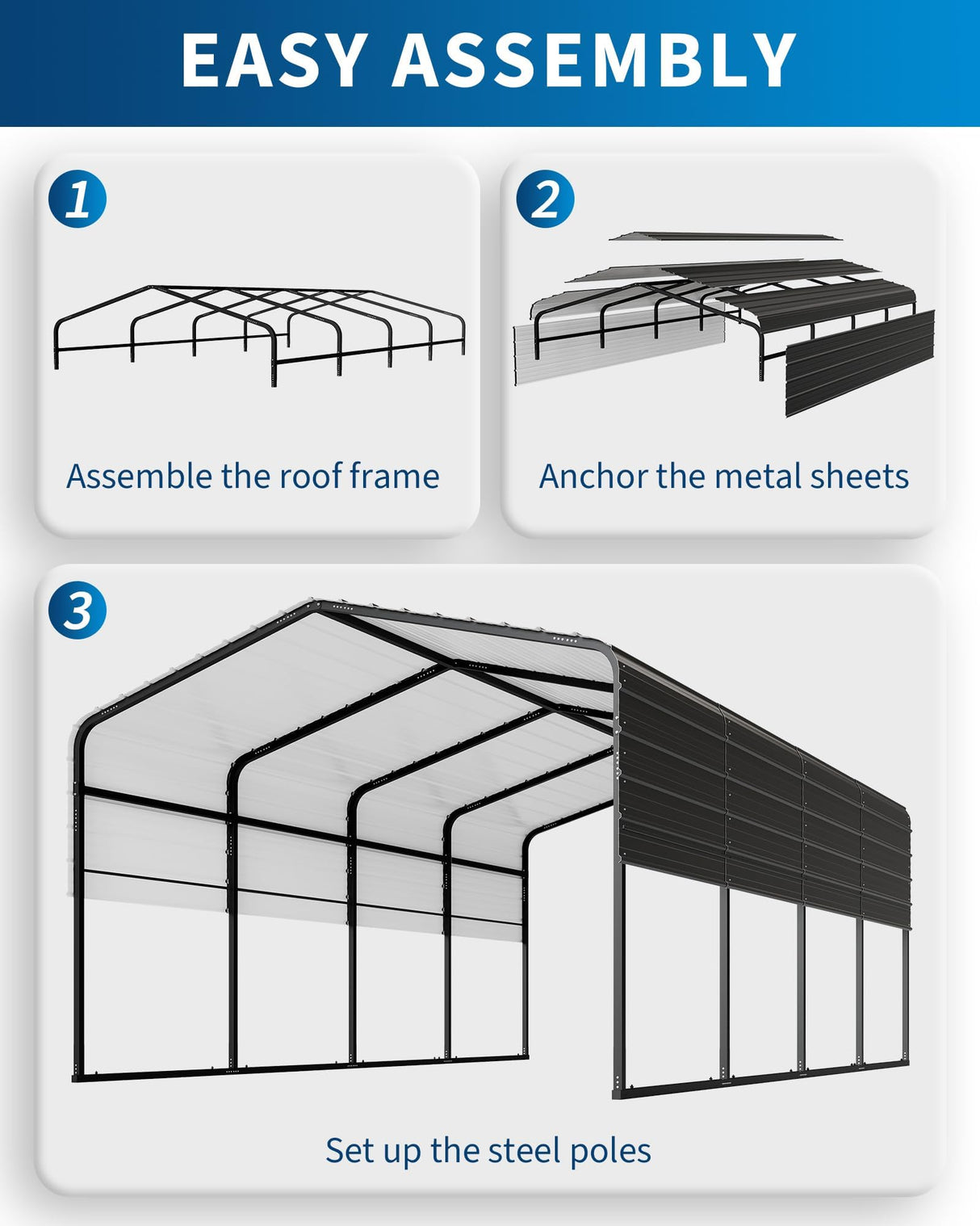 KOKEBREN Metal Carport, Outdoor Car Port Canopy with Reinforced Base and Galvanized Steel Roof, Heavy Duty Garage Car Shelter Shade for SUV, Truck, Boats, 13x20 FT KOKEBREN