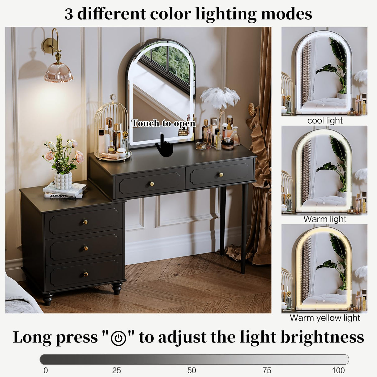 YYJ Vanity Desk with Mirror and Lights,Makeup Vanity with Power Outlet and Adjustable Cabinet,Modern Makeup Table with 3 Drawers for Bedroom Makeup Room,Writing Desk Black YYJ