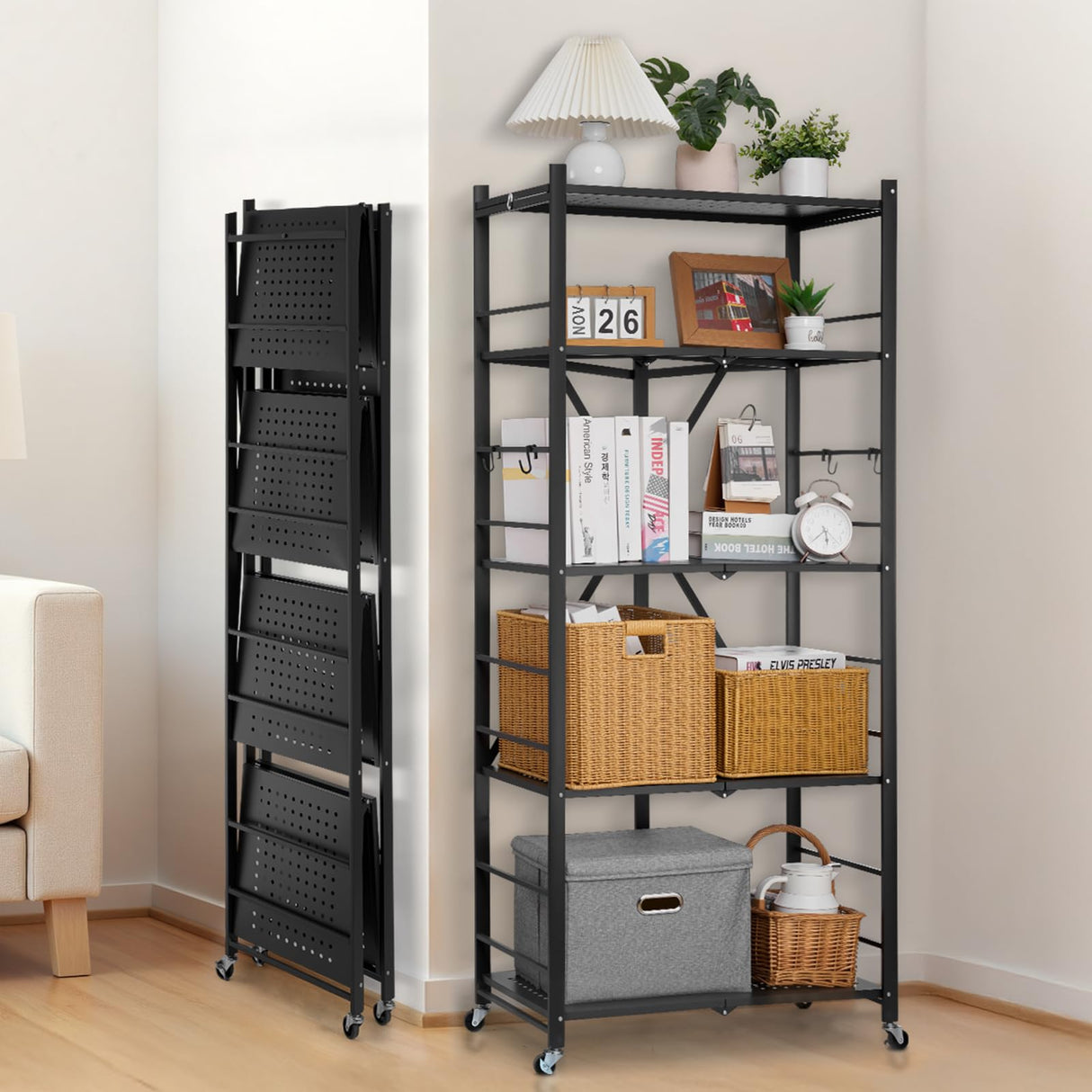 VEVOR 5-Tier Foldable Storage Shelf, 28W x 15D x 64H Inch Folding Metal Rack Shelving Unit, No Assembly Organizer Shelf with 5 Wheels & 4 Hooks for Pantry, Kitchen, Garage, Basement, Black VEVOR