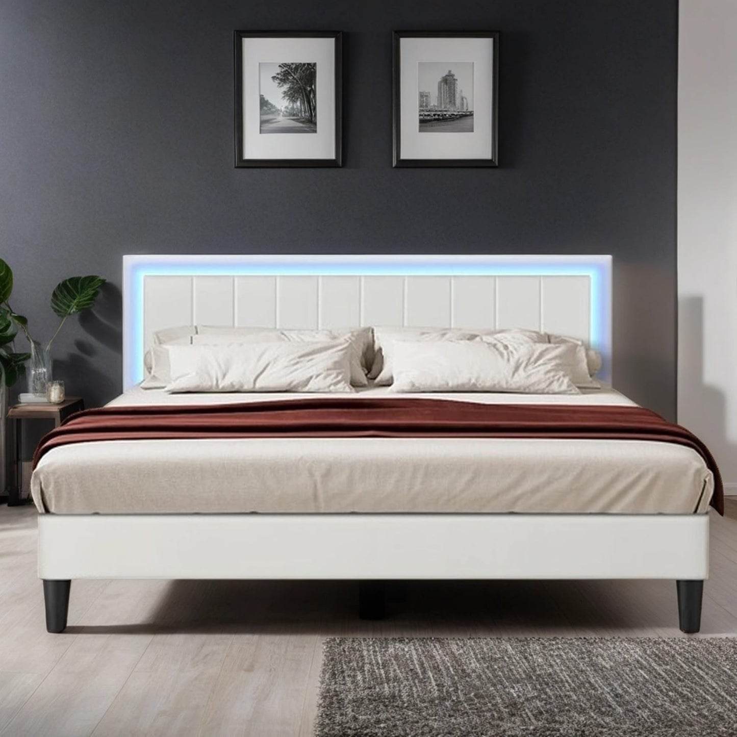 Catrimown King Size Upholstered Bed Frame with LED Lights and Sturdy Support - WoodArtSupply