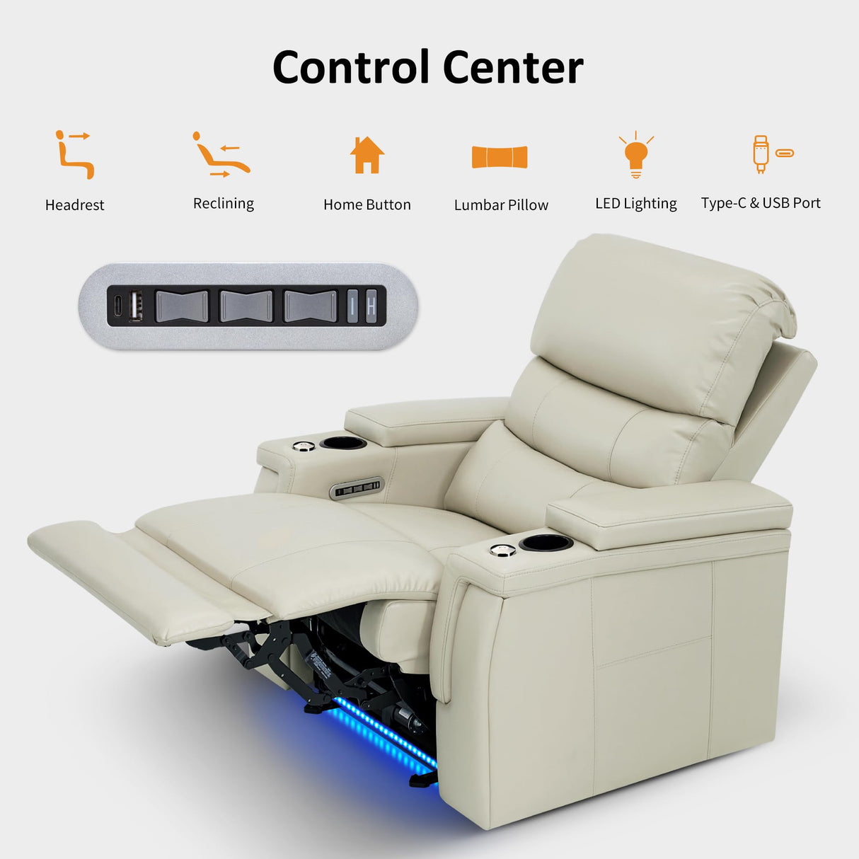 MCombo Triple Motors Power Recliner Chair with Power Headrest & Lumbar Support for Living Room, Home Theater Seating with Armrest Storage, Tray Table and Dual Charging Ports HTS708 (Beige) MCombo