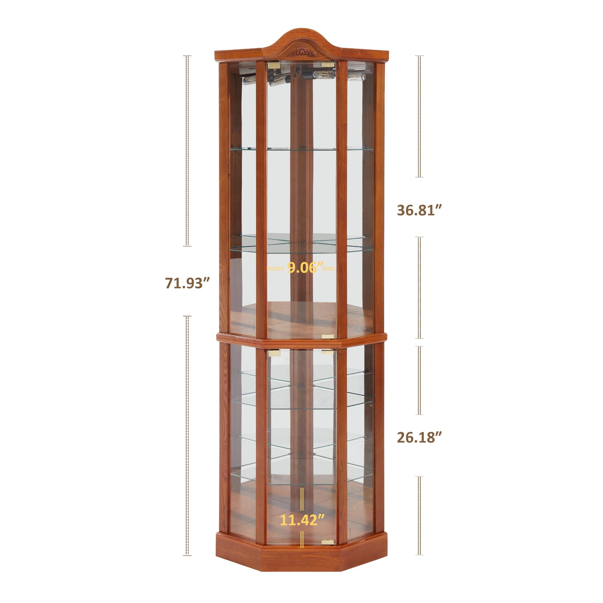 roomfitters Wooden Corner Display Curio Cabinet, Lighted China Cabinet with Tempered Glass Door, Wine Cabinet Storage with Two Section Shelving Unit, Corner Curio Storage Rack for Living Room - WoodArtSupply