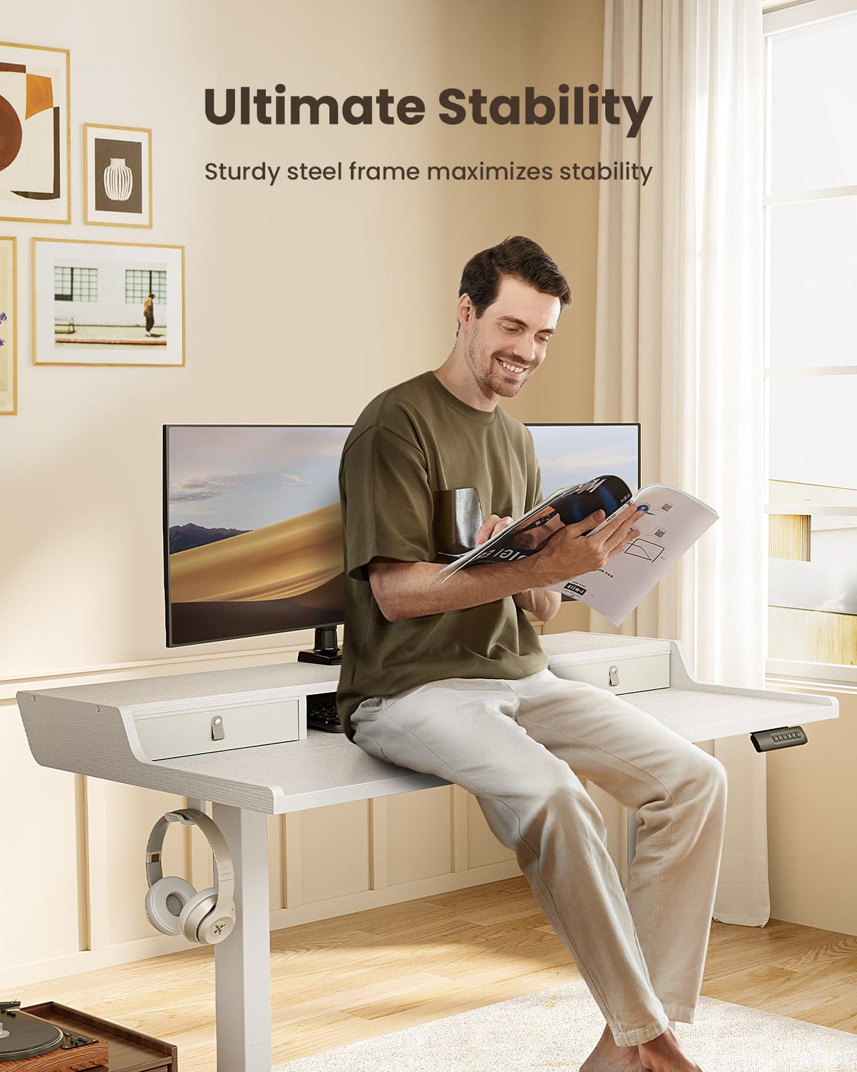 ErGear Electric Standing Desk with Drawers, 55″ x 28″ Gaming Desk with Monitor Stand, C-Clamp Mount Compatible, Home Office Height-Adjustable Desk with Storage Shelf, 4 Preset Heights, White, EGESD37W ErGear