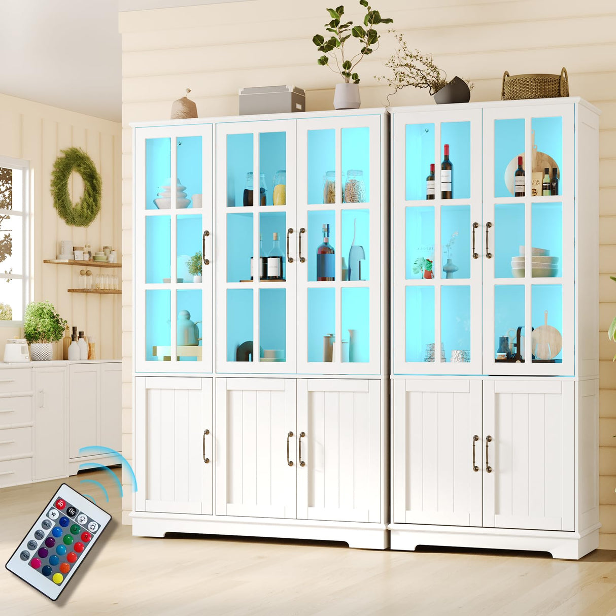 AMERLIFE Storage Cabinet Sets with LED Lights, 71" Tall Large Modern Wood Kitchen Pantry with Acrylic Glass Doors & Shelves, Display Cabinet for Living room, Dining room, Bathroom, 6+4 Doors White AMERLIFE