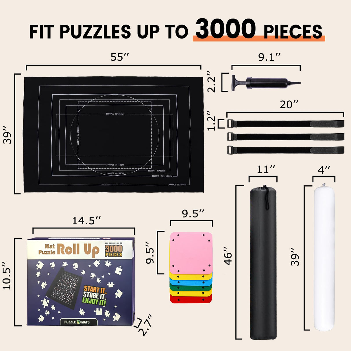 Jigsaw Puzzle Mat Roll Up - 3000 2000 1500 1000 Pieces Puzzel Matte, Black Felt Roll-Up Puzzles Felt Save Mats Trays for Sorting Board Clear Sheets and Frame Keeper for Adults Lwoeo