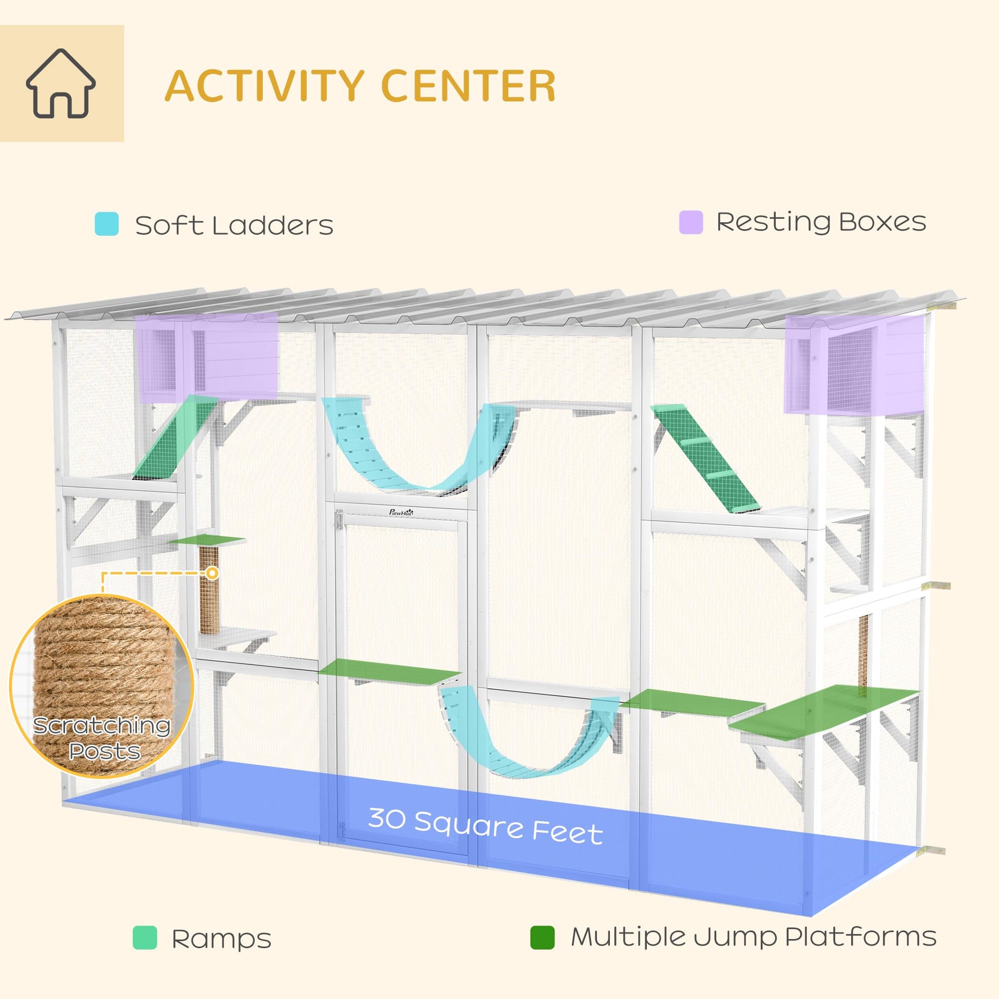 PawHut Catio Playground Cat Window Box Outside Enclosure, Outdoor Cat House with Weather Protection Roof for Multiple Kitties, Wooden Frame, Shelves & Bridges, 118" x 37.5" x 74", White - WoodArtSupply