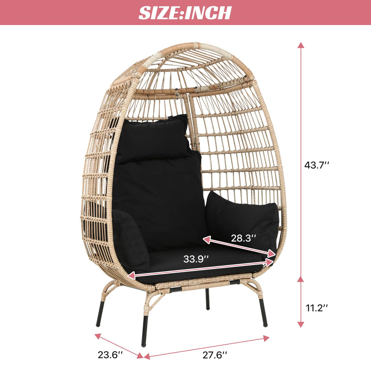 Dkelincs Wicker Egg Chair Indoor Outdoor Lounge Chair Patio Reading Chair Oversized Rattan Egg Chair for Patio, Backyard, Garden, Living Room w/ 4 Cushions Steel Frame, 352lb Capacity(Black) Dkelincs