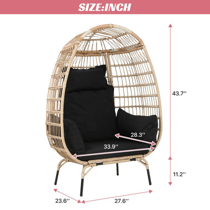 Dkelincs Wicker Egg Chair Indoor Outdoor Lounge Chair Patio Reading Chair Oversized Rattan Egg Chair for Patio, Backyard, Garden, Living Room w/ 4 Cushions Steel Frame, 352lb Capacity(Black)