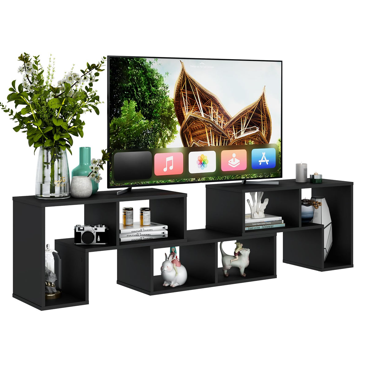 Tangkula 3 Pieces Console TV Stand, Free-Combination Entertainment Center for 50 55 60 65 Inch TV, Minimalist Modern TV Media Stand, DIY Open Storage Bookcase Shelf for Living Room (Black) Tangkula