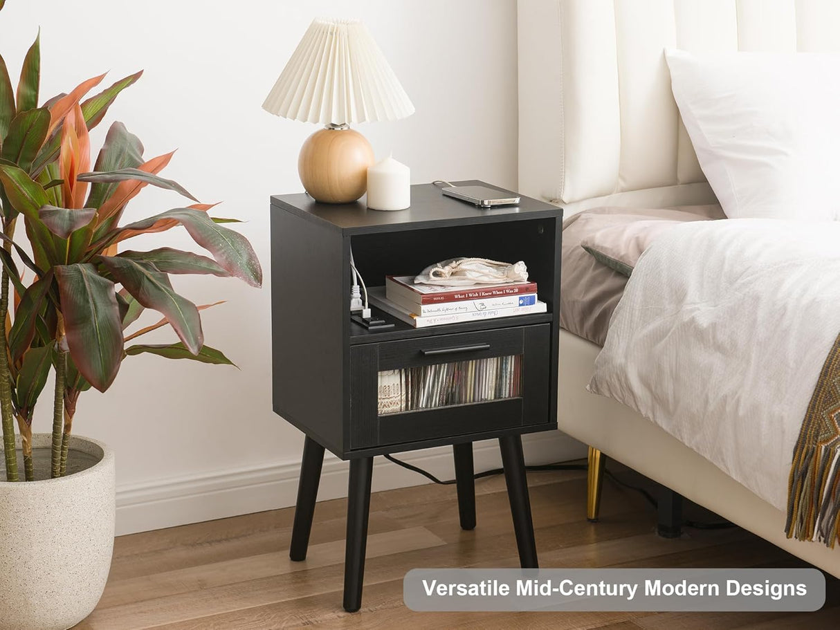 i-VTIES Nightstand with Charging Station,Mid Century Bedside Tables Set of 2, End Table Side Table with Drawer,for Bedroom, Living Room(Black) i-VTIES