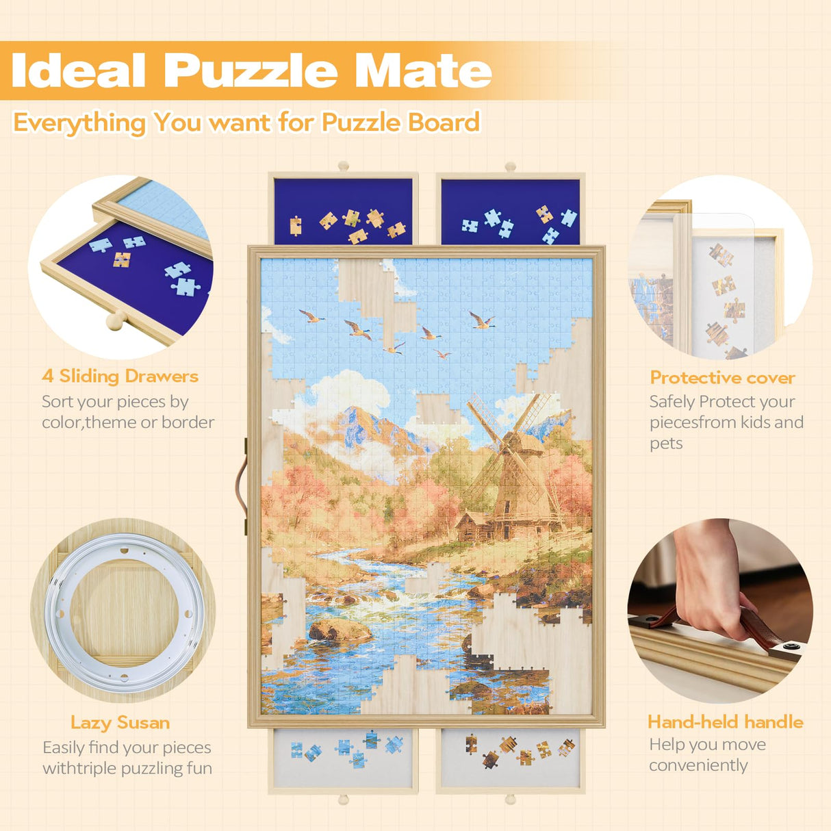 1500 Pcs Adjustable Jigsaw Puzzle Board with Drawers and Cover, 33.3"x24.3" Rotating Puzzle Table with Lazy Susan, Frame for Wall Art Display zoabhl