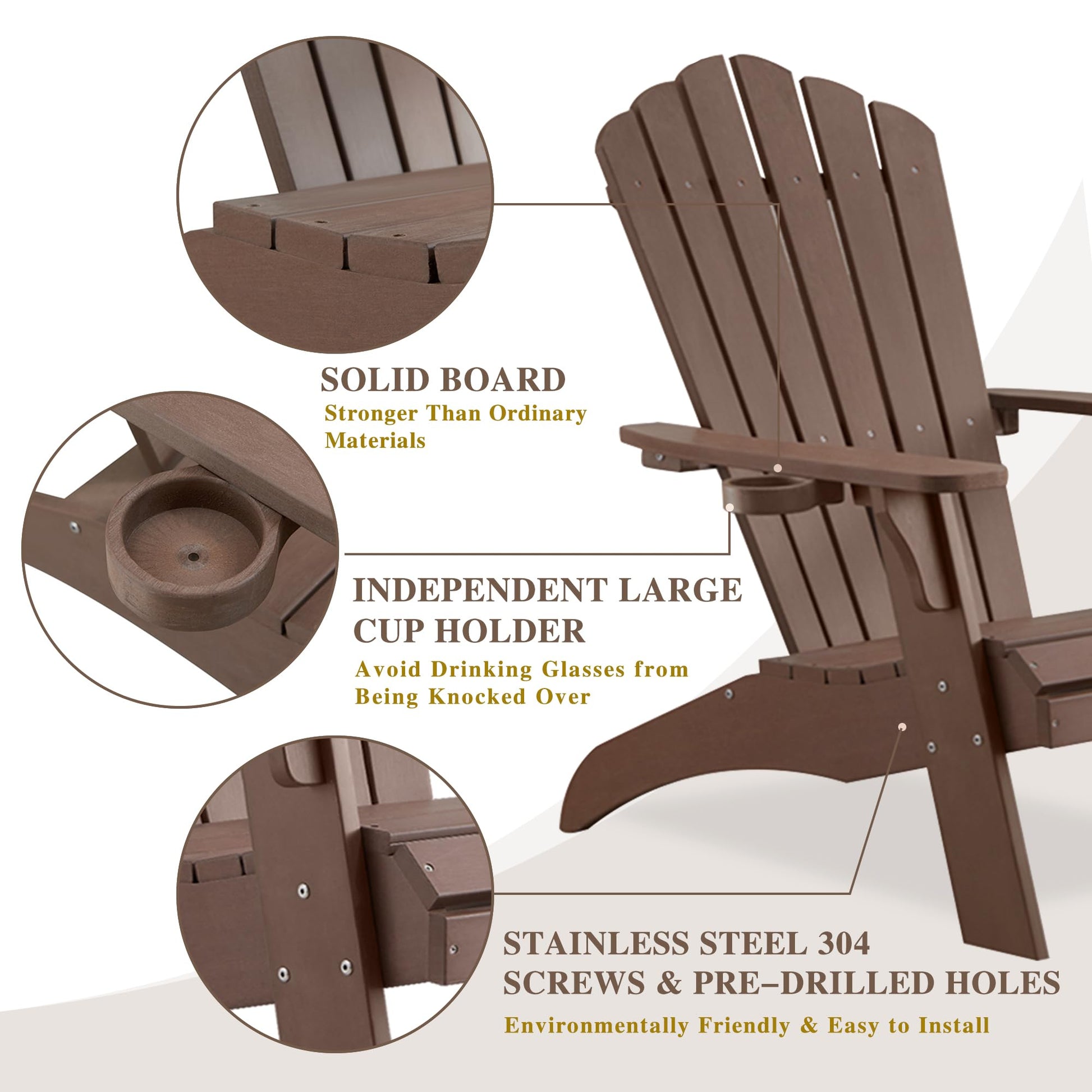 Psilvam Adirondack Chair, Oversized Poly Lumber Fire Pit Chair with Cup Holder, 350Lbs Support Patio Chairs for Garden, Weather Resistant Adirondack Chair Looks Like Real Wood (2, Brown) - WoodArtSupply