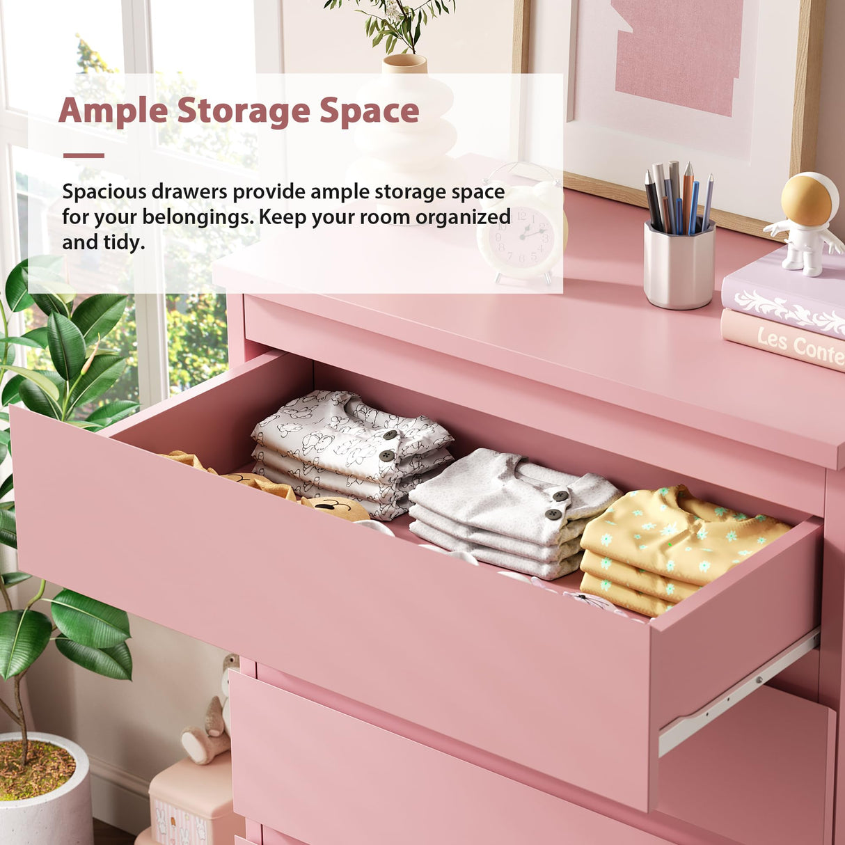 Jocoevol Pink 5 Drawer Dresser for Bedroom, 15" D x 23.7" W x 40.4" H in Simply Chest of Drawers, Wood Storage Dresser with Drawers for Living Room Hallway Entryway, Pink Jocoevol