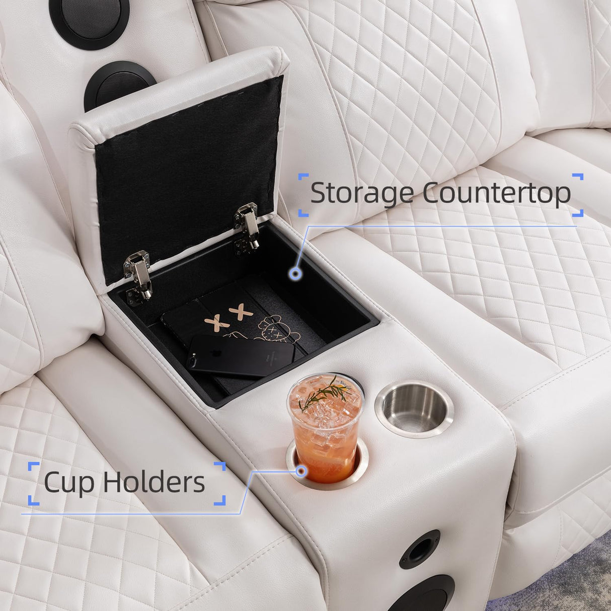 TODRANI Power Sectional Reclining Sofa with Bass Speaker, Faux Leather Recliner Corner Couches with USB Ports, Modern Recliner Sofa for Living Room with LED Lighting, White TODRANI