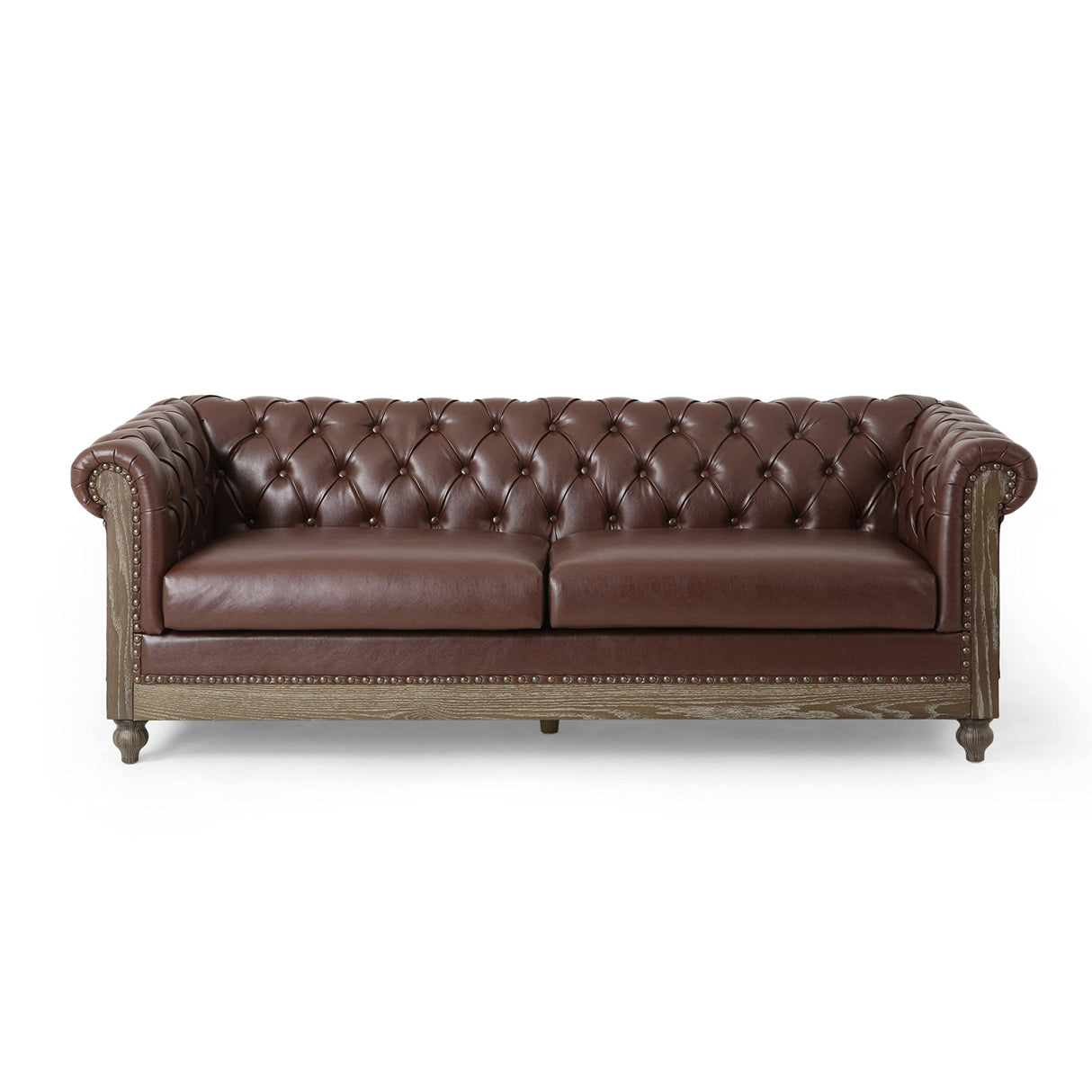 Merax PU Chesterfield Sofa, Retro Style Upholstered 3 Seater Leather Couch Rolled Arm for Living Room Bedroom Office, Dark Brown Merax