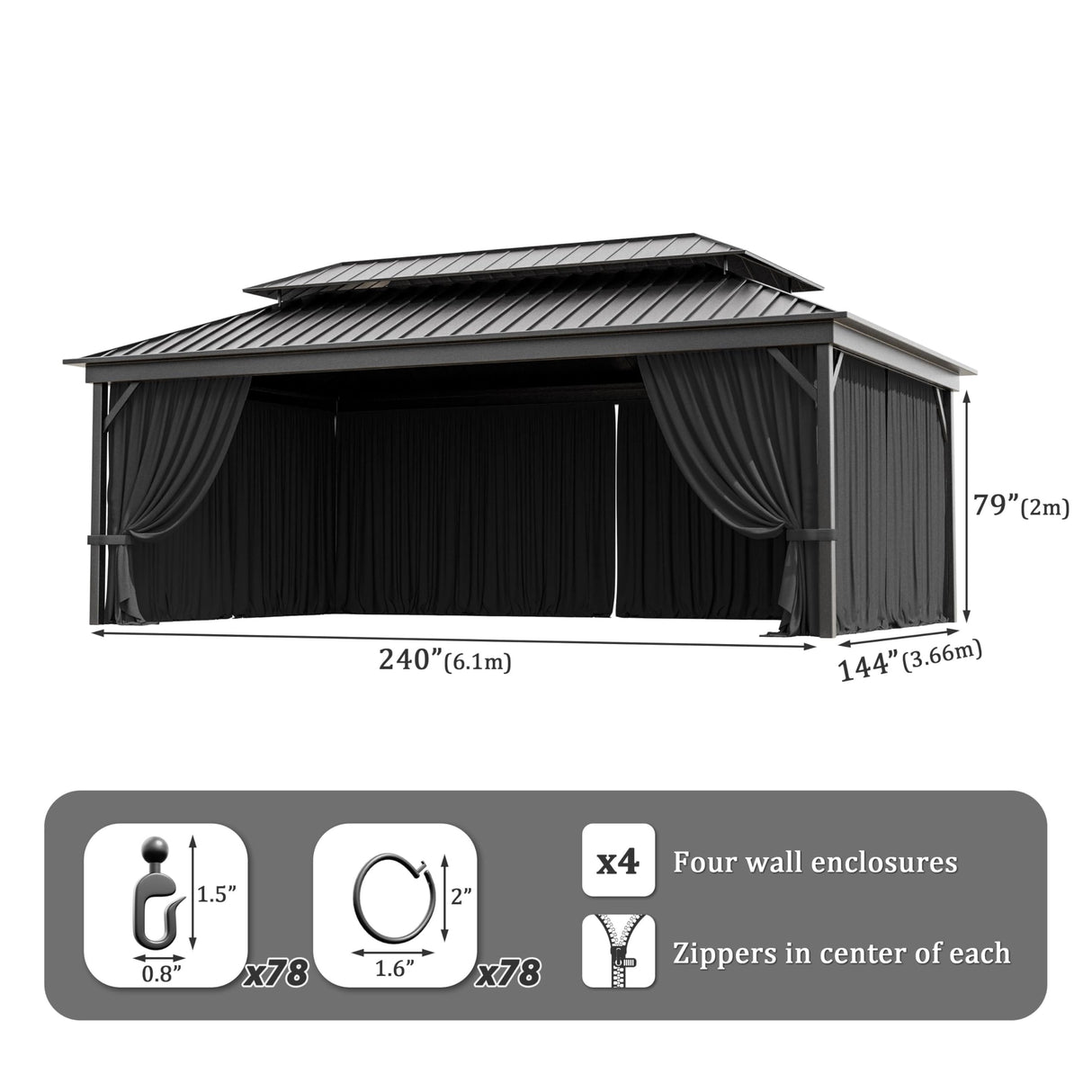 12'x 20 Gazebo Curtains Outdoor Waterproof with Hanging Rings, 4-Panel Double Zipper Sidewalls Universal Replacement Privacy Curtain, Outdoor Gazebo Curtains for Patio, Backyard(Curtains Only) Snubbull