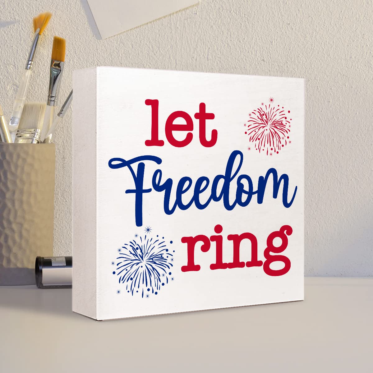 Let Freedom Ring Firework Independence Day Patriotic Wooden Plaque Sign Desk Decor,Retro 4th of July Wood Block Sign Desk Decorations for Home Bedroom Living Room Office Shelf Table Decor Ruvoty
