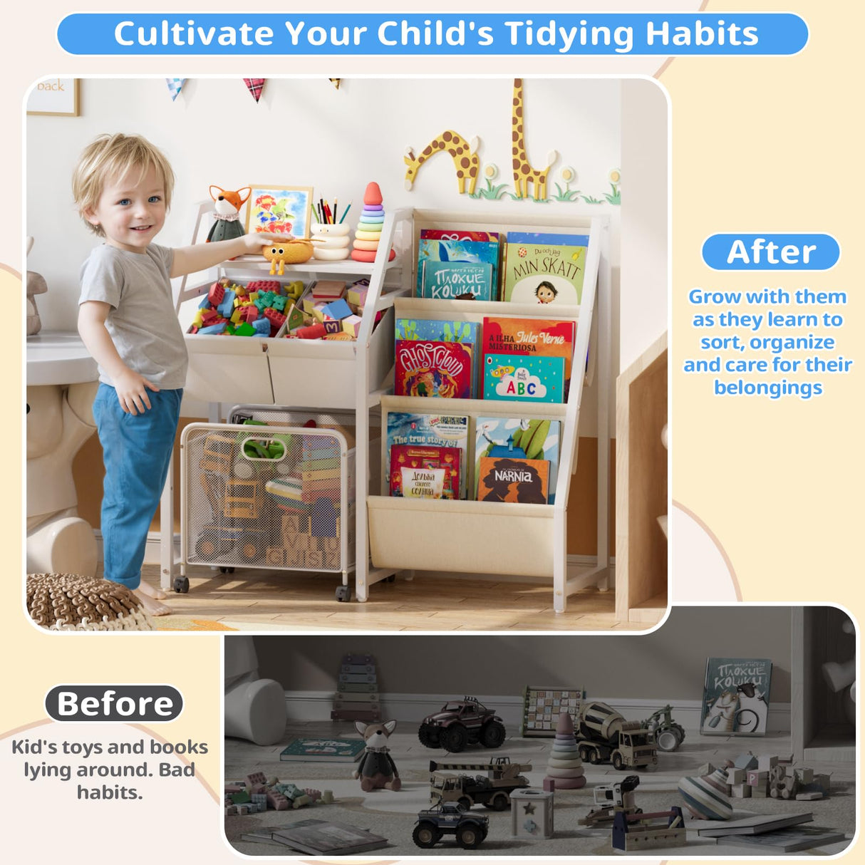 Kids Bookshelf and Toy Storage Organizer - 3 Tier Book Shelf for Kids Rooms with Movable Drawer, Kid Bookcase with 2 Toy Bins, Toddler Baby Childrens Bookshelf, for Bedroom Playroom Classroom (White) LATIBELL