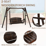 EPICOZY 2-Seat Porch Swing, Wooden Log Patio Swing Chair Bench with Stand, Rustic Hardwood Swing Chair with Curved Back, Wood Seating Porch Swings for Outside Yard, Garden, Deck, Poolside, Carbonized EPICOZY