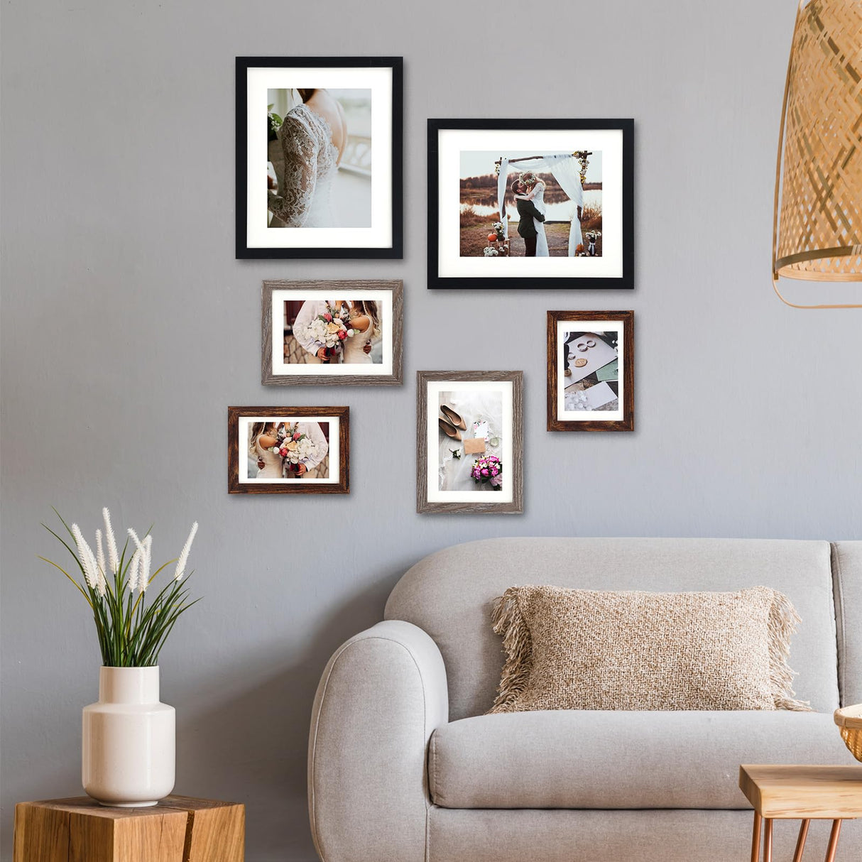 Fixwal Picture Frames Set, 15 Pack Wall Frame Set in 3 Different Finishes with Mat for Multiple Sizes Photos, Three 8x10, Six 5x7, Six 4x6 for Wall Gallery Decor, Hanging or Tabletop Display Fixwal