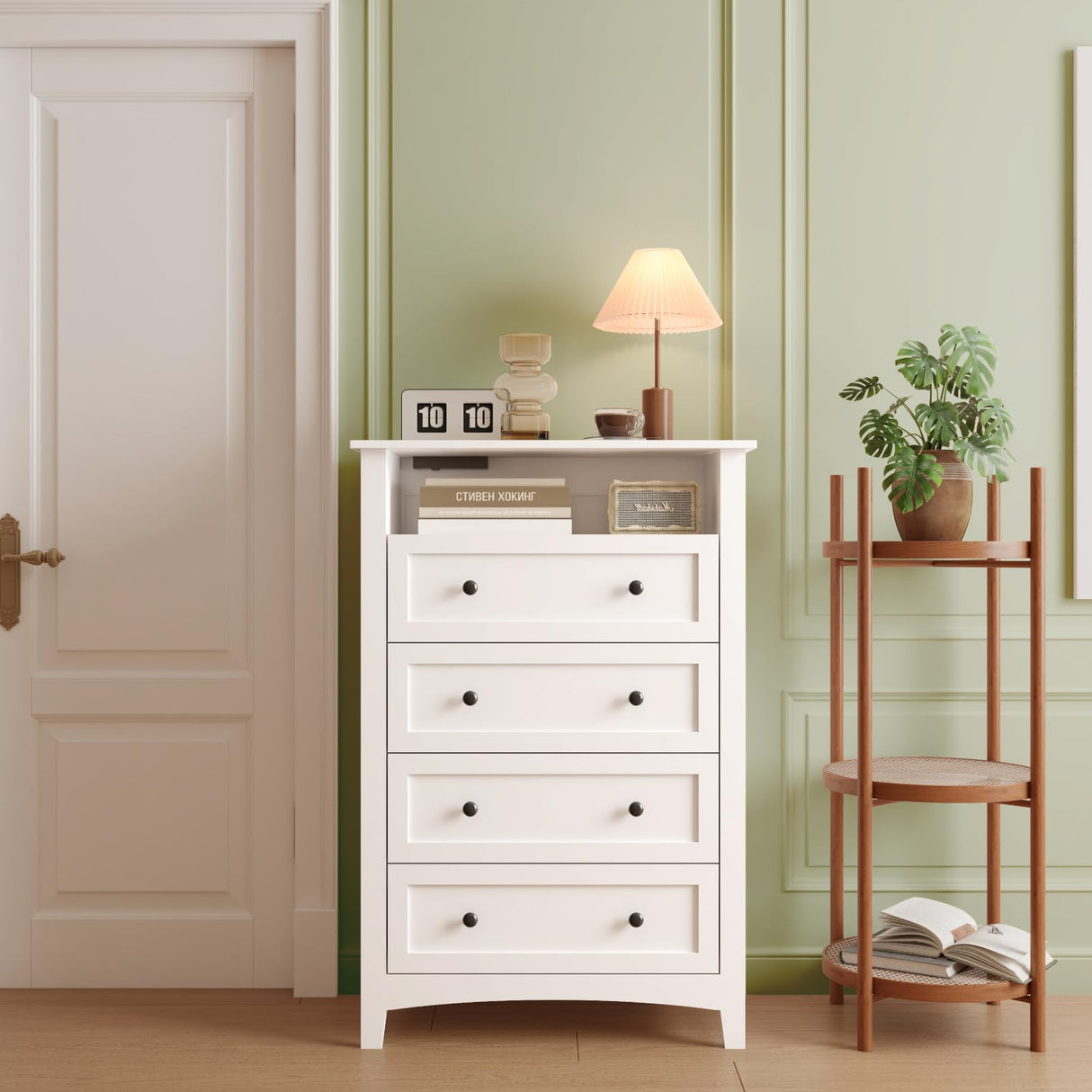 HAIOOU 4 Drawer Dresser with Open Storage Shelf, 47.4" Tall Chest of Drawers Vertical Wooden Clothing Organizer with Power Outlets and Ambiance Light for Bedroom, Closet, Hallway - Modern White HAIOOU