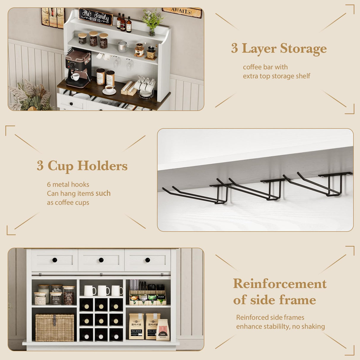 REVOMINCA 63 Inch Tall Coffee Bar with 3-Tier Storage, Farmhouse Coffee Bar Cabinet with 3 Storage Drawers, White Hutch Cabinet with Glass Holders, Wine Bar for Living Dining Room REVOMINCA