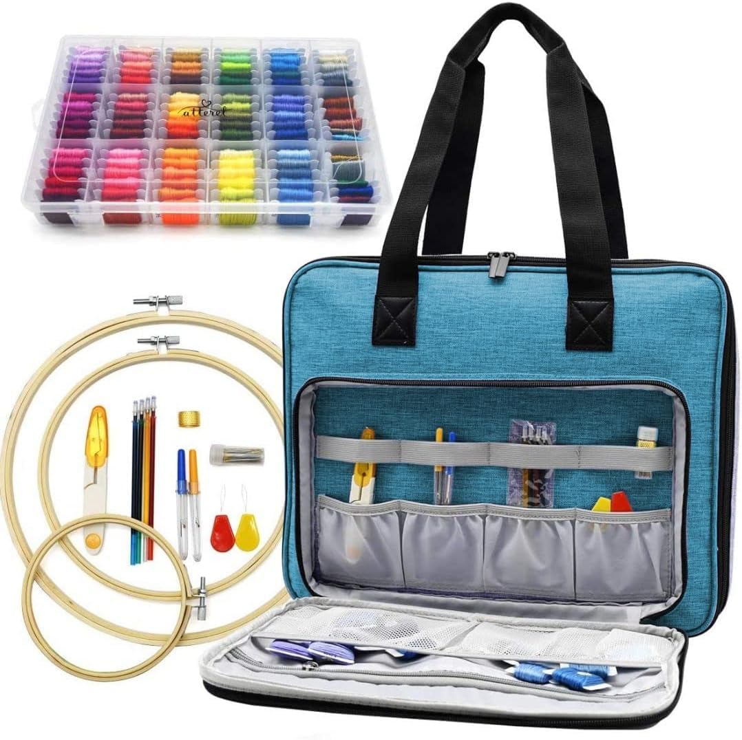 ATTERET Full Range Embroidery and Cross Stitch Starter Kit with Premium Storage Organizer Bag, Includes 99 DMC Coded Cotton Threads, 9 Metallic Floss, 3 Hoops, Needles, Scissors + More (Turquoise) ATTERET