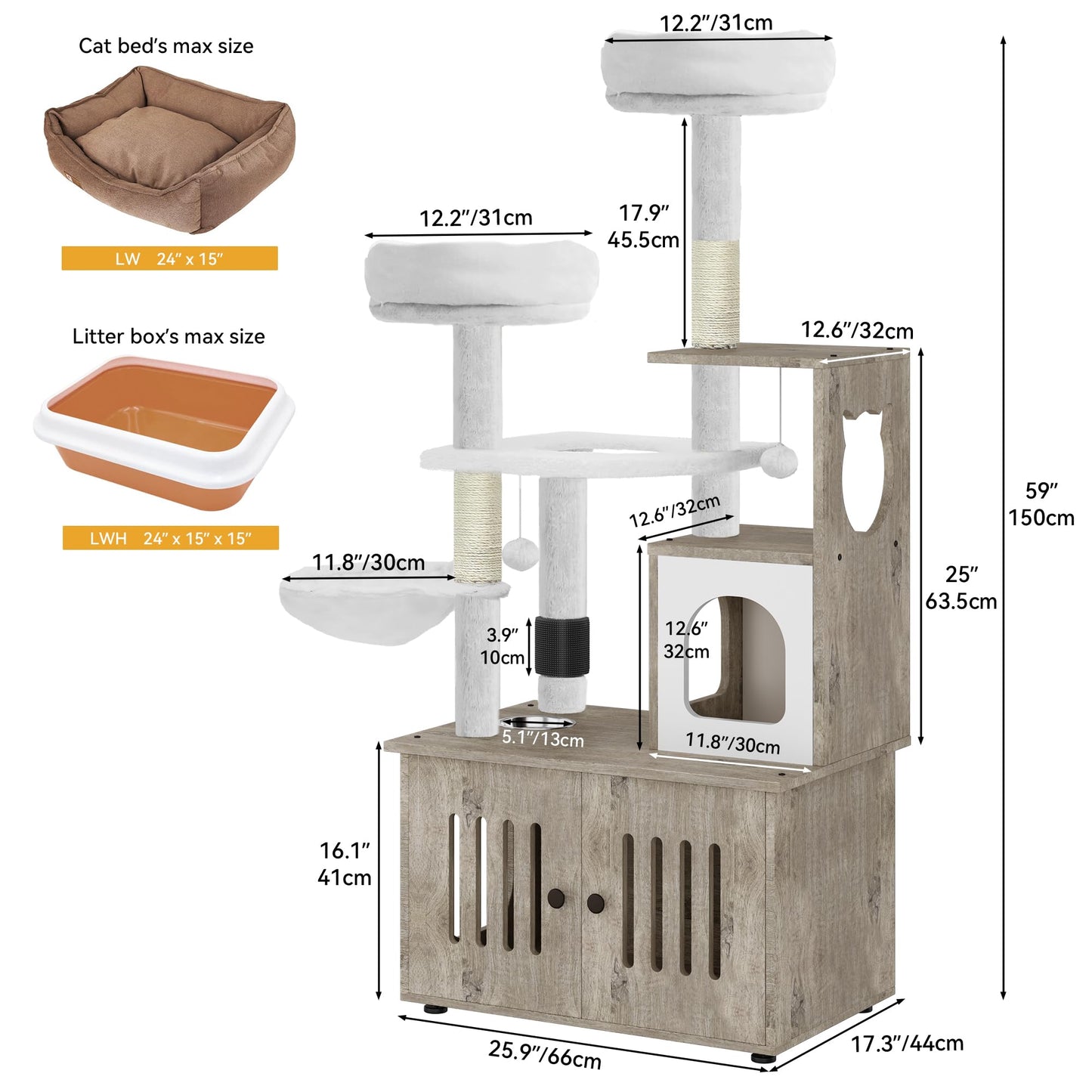 YITAHOME 59 Inch Cat Tree with Litter Box Enclosure, 2-in-1 Cat Furniture Condo, Indoor Cat Tower with Wood House, Perch, Feeding Station, Hammocks, Scratch Post, Hair Brush, Gray - WoodArtSupply