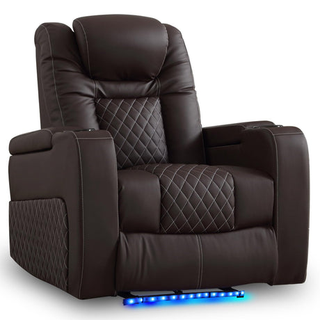 IPKIG Power Home Theater Seating, PU Leather Dual Motors Electric Recliner Chair Movie Reclining Chairs with Powered Headrest, Hidden Arm Storage, Blue LED Light, Type-C Port, Cup Holders (1, Brown) IPKIG