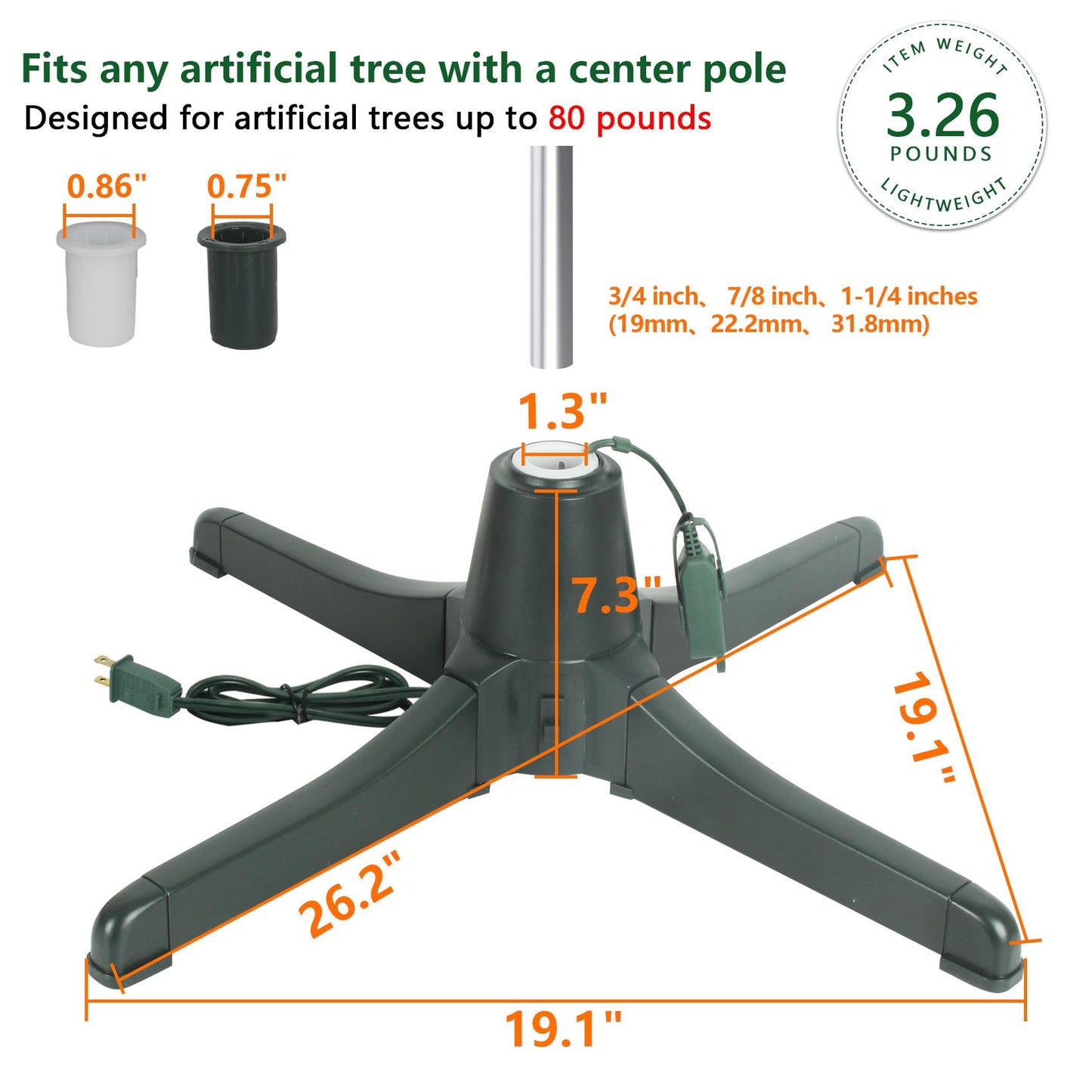 Rotating Christmas Tree Stand, Christmas Tree Stand Electric 26" 360 Degree, Rotating Tree Stand Tree Holder with 3 Pole Adapters Up to 7.5ft and 80 Pounds for Artificial Christmas Tree (Green)