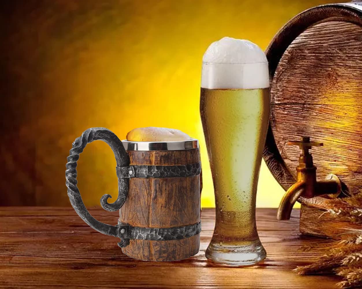 Wooden Beer Mug Beer Barrel, Large Viking Cup Wood Style Beer Mug Tankard with Handle, Antique gifts for Men Bar Restaurant Vintage Bar Accessories(18.60oz/550ml) - WoodArtSupply