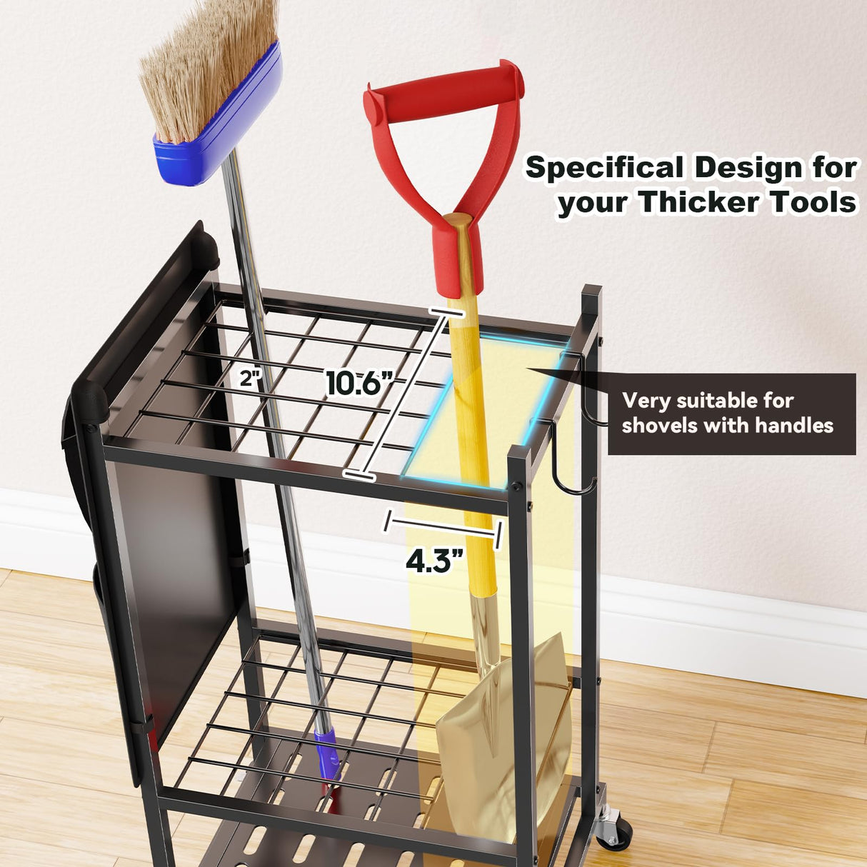 SUFAUY Garden Tool Organizer, Rolling Heavy-Duty Garage Tool Stand, Yard Storage Rack with Casters and Hooks, Black SUFAUY